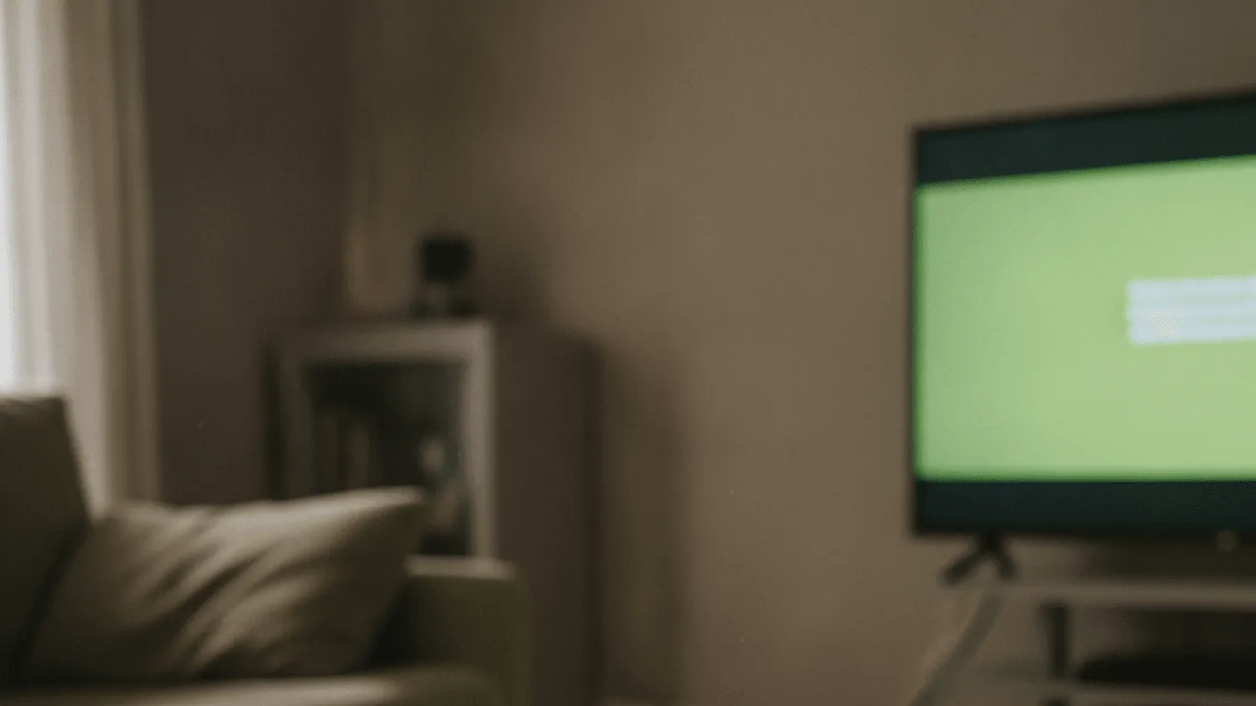 A hand holds a smartphone showing a paused streaming app menu, resting on a wooden coffee table.