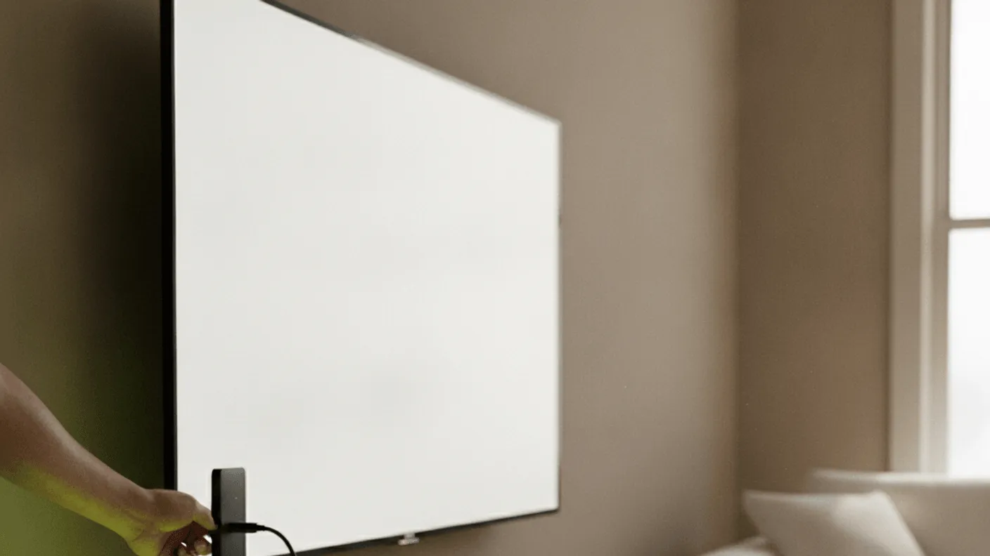 A hand inserts a streaming stick into a wall-mounted TV with cables below, next to a lime green lamp.