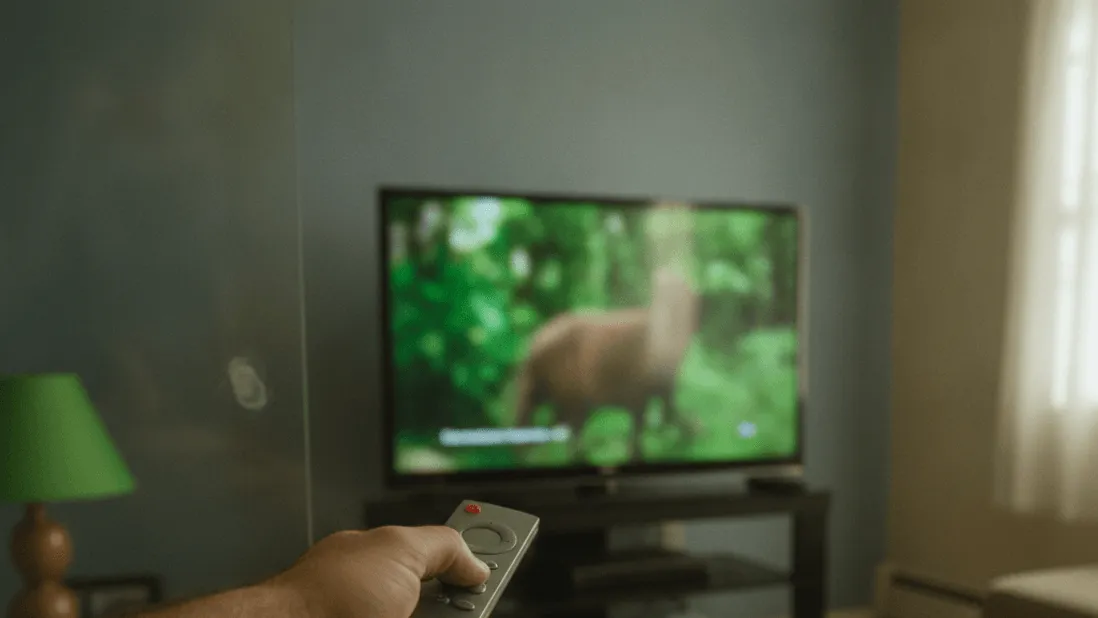 A hand holds a remote, pointing towards a television screen displaying a blurred nature scene in a lived-in room.