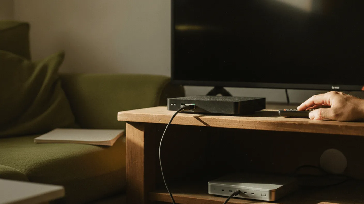 A set-top box rests on a wooden shelf beneath a television, with a hand holding a remote nearby.