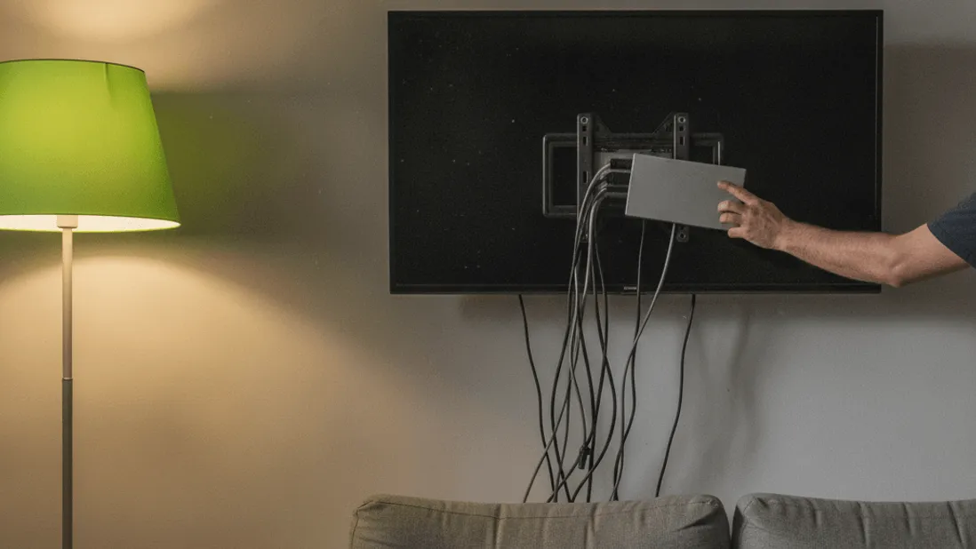 A man's forearm reaches behind a wall-mounted TV, seating a box against its bracket, with cables hanging loose.