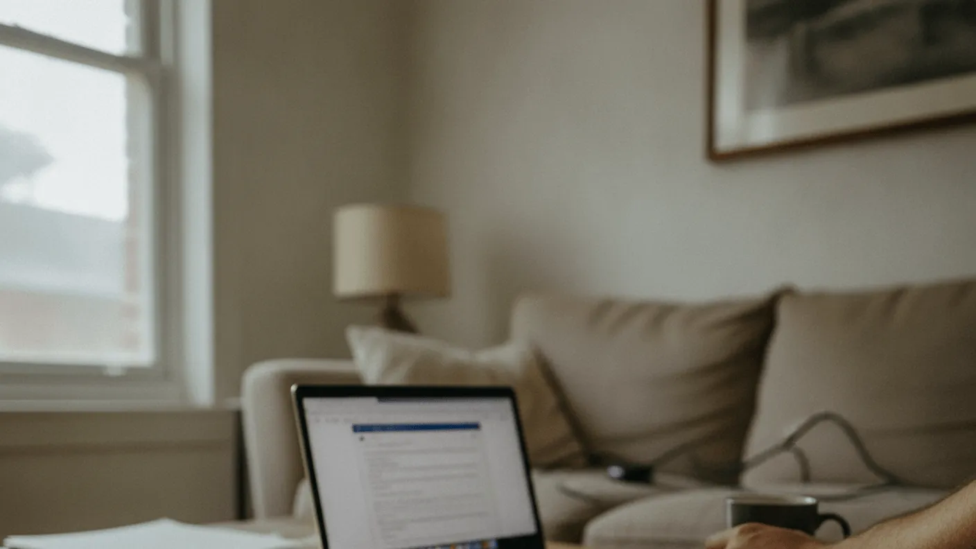 A remote and a laptop with a blurred screen rest on a wooden coffee table in a lived-in room.