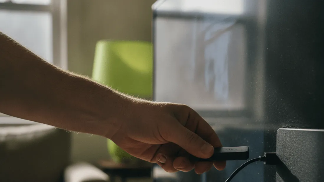 A hand inserts a streaming stick into the back of a television, with a green lamp visible in the background.