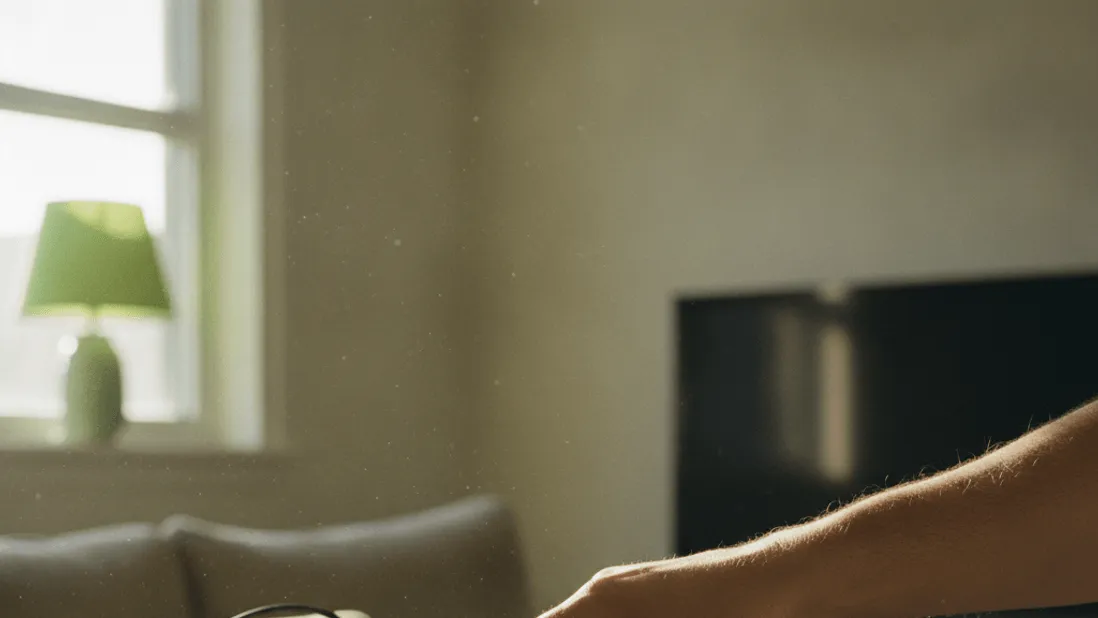 A man's forearm reaches for a white set-top box on a dusty wooden shelf, sunlit from a window.