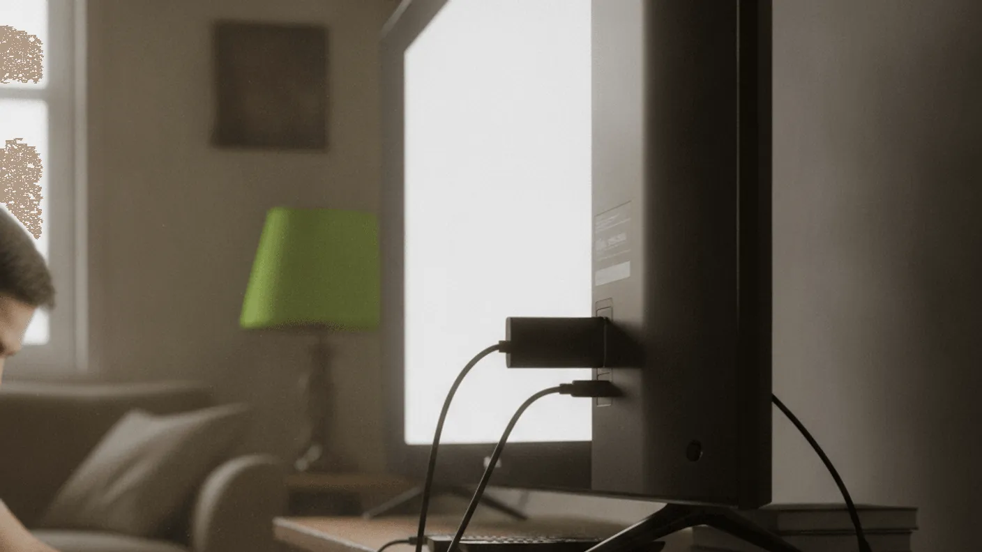 A person is plugging a streaming device into the back of a television in a living room.