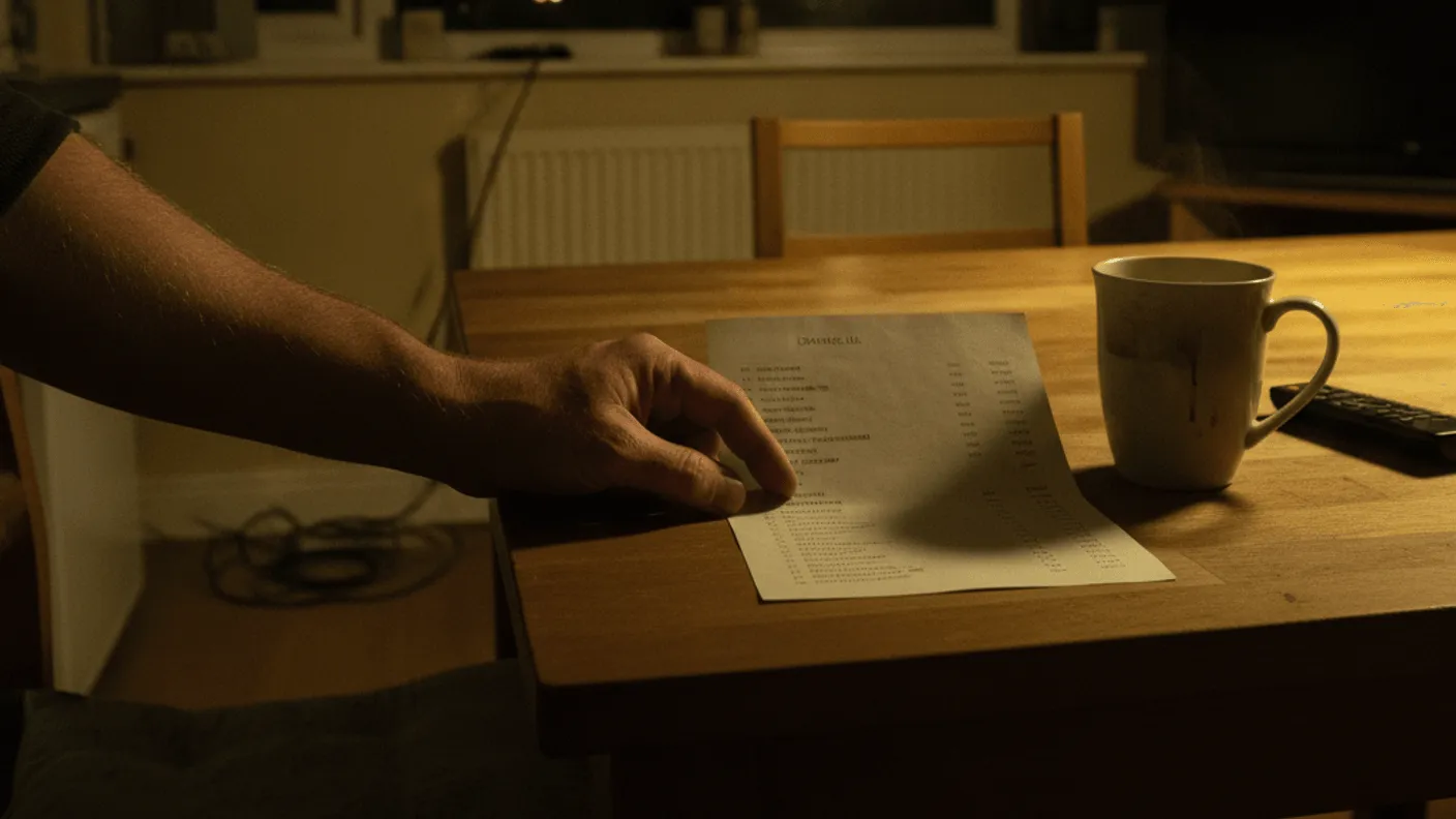 A hand rests a paper channel list on a kitchen table beside a mug of tea at night.