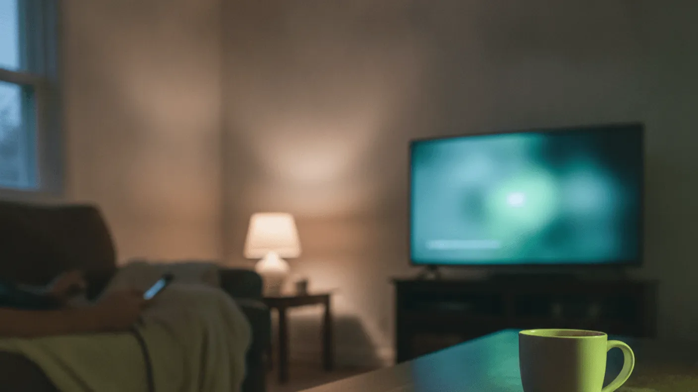 A remote and a coffee mug sit on a coffee table with a glowing TV and blurred person in the background.
