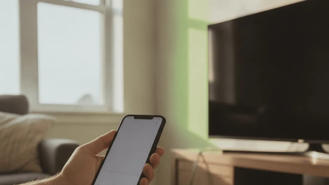 A hand holds a smartphone displaying a blank paused video player near a television stand, cables loosely coiled on the carpet.