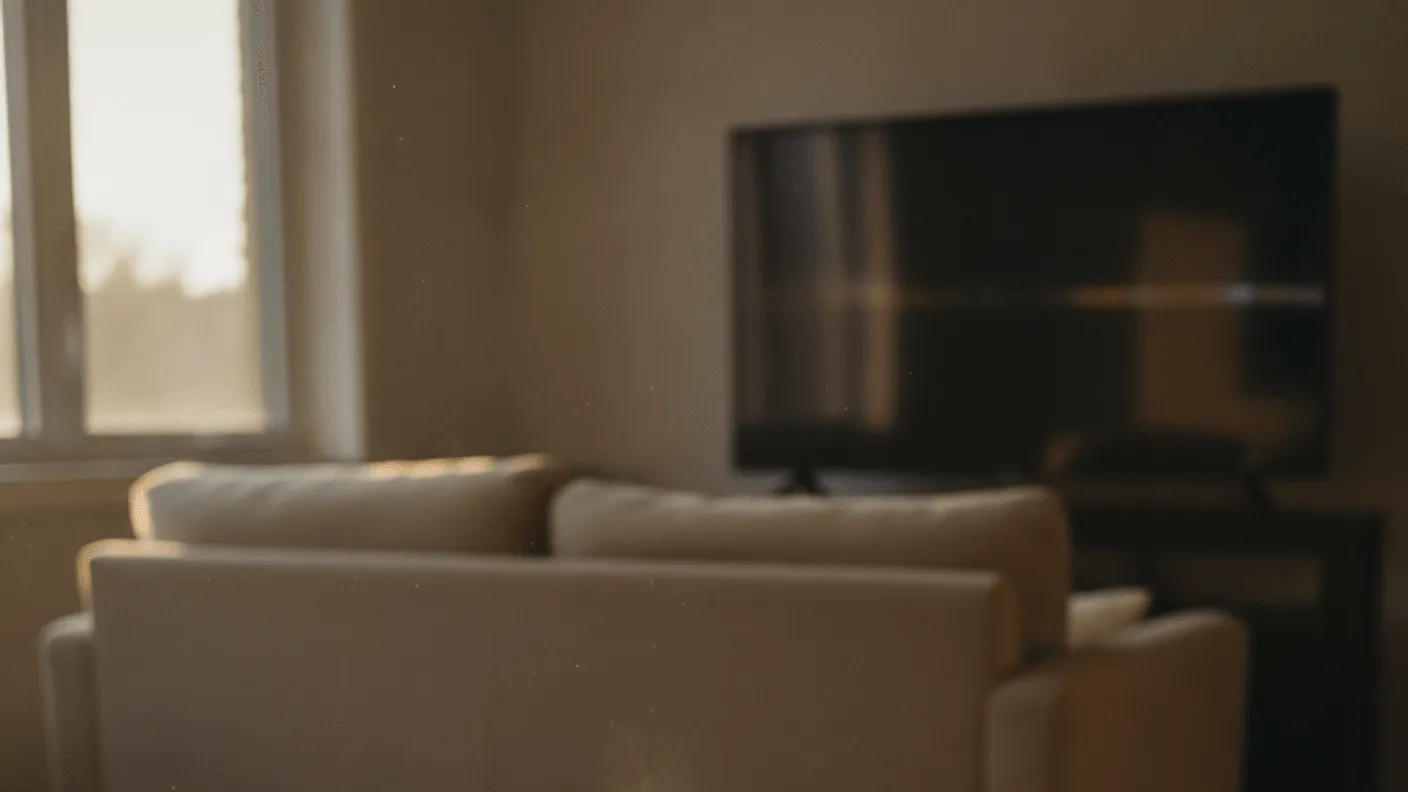 A wooden table at dusk with a remote and a coffee mug, an empty sofa and dark television behind.