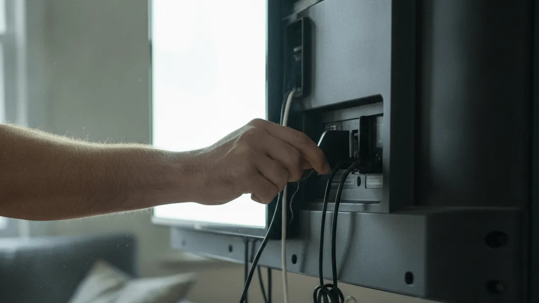 A hand plugs a small device into the back of a wall-mounted television, with tangled cables hanging below.