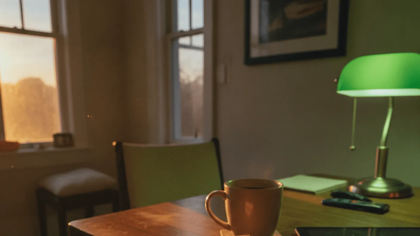 A hand holds a notepad listing three handwritten names, beside a cup of coffee and a tablet on a table at dusk.