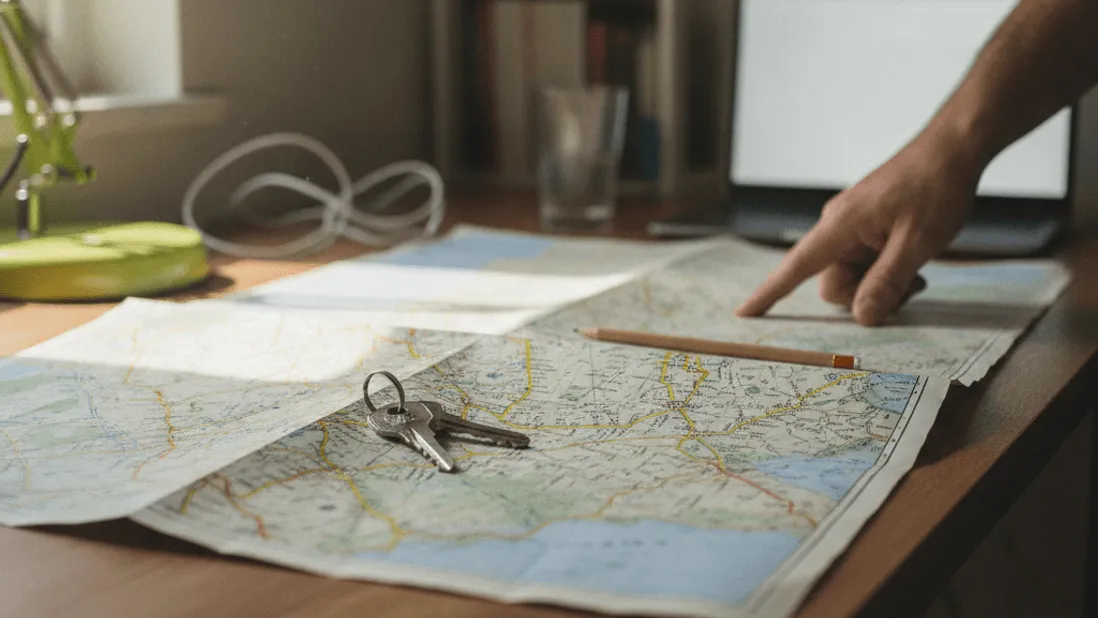 A folded paper road map on a wooden desk with keys, a pencil, and a person's hand pointing at the map.
