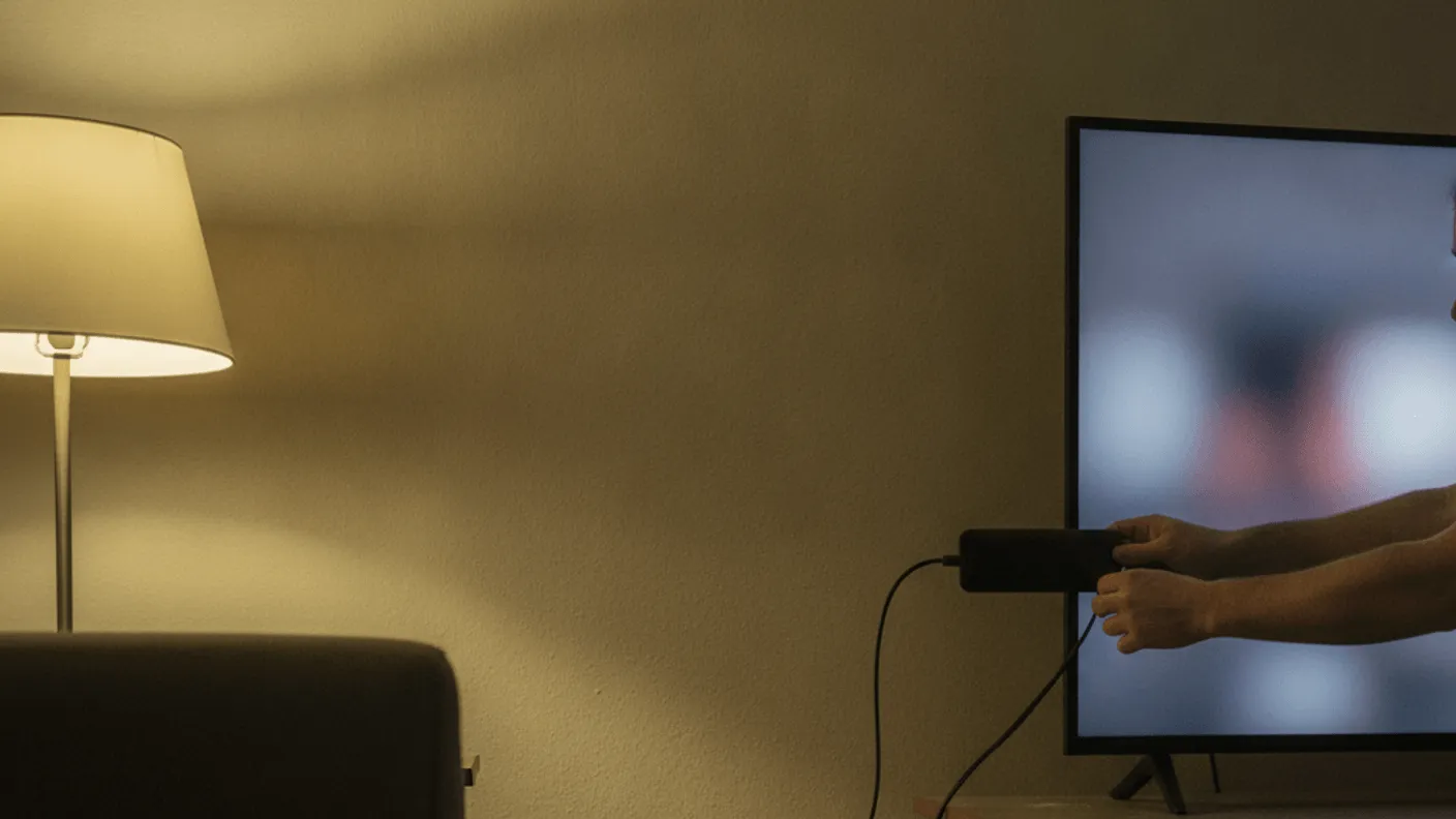 A male's hands insert a dark rectangular device into the back of a flat-screen TV in a dimly lit room.
