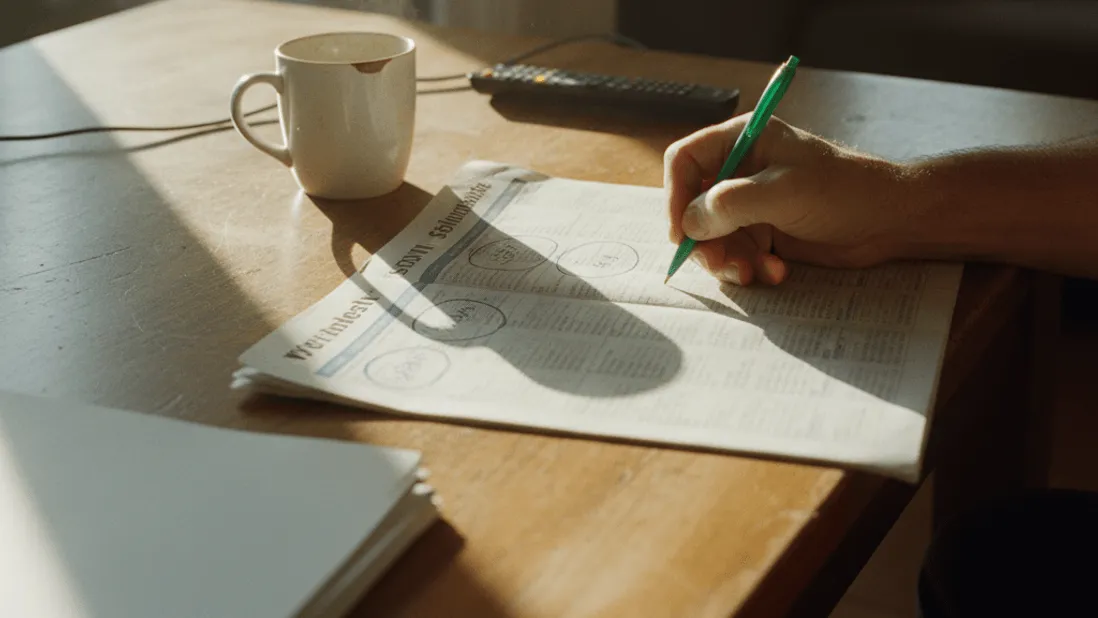 A hand circles television listings on a newspaper page next to a coffee mug on a table in sunlight.