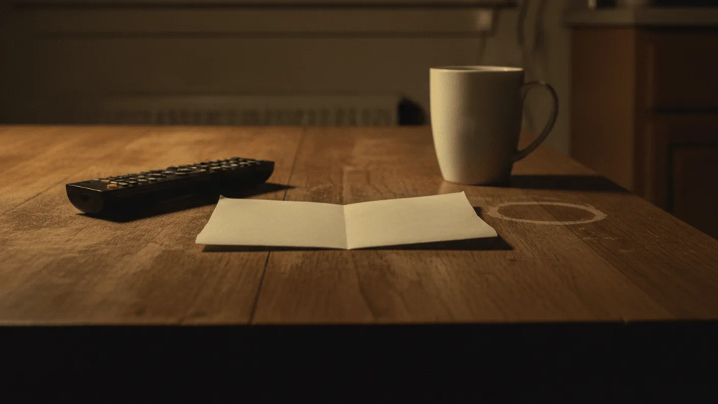 A remote, a folded blank paper, and a coffee cup sit on a wooden table at night.