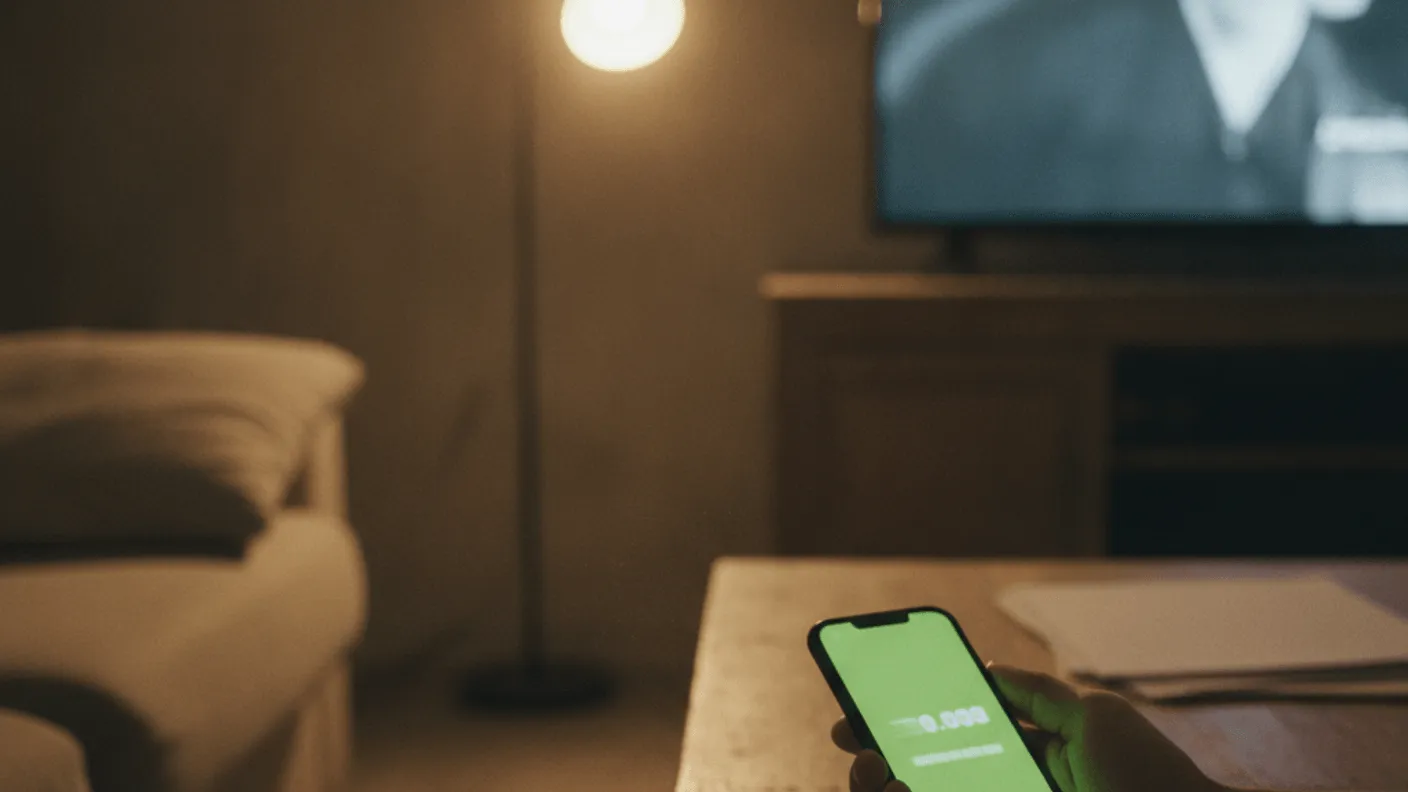 A hand holds a phone displaying a countdown, beside a remote on a table with a glowing TV in the background.