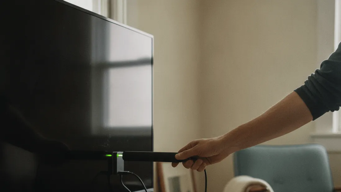 A hand inserts a streaming stick into the back of a television, with cables trailing down behind a media console.