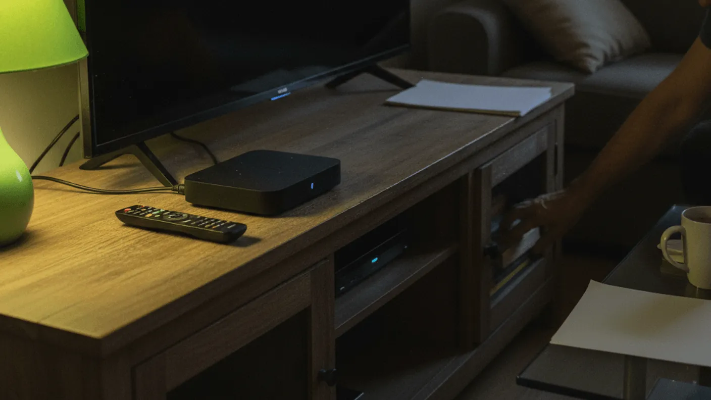 A streaming box sits on a wooden console next to a TV with a man reaching into a cabinet.