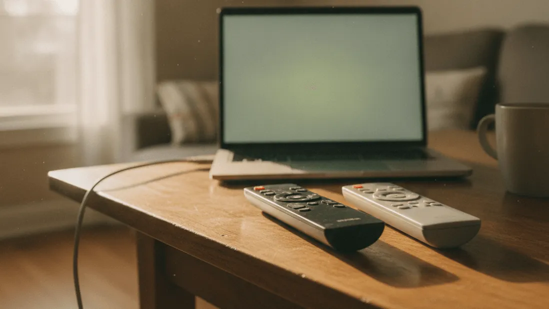 Two remote controls and a coffee mug rest on a kitchen table near a laptop with a blank screen.