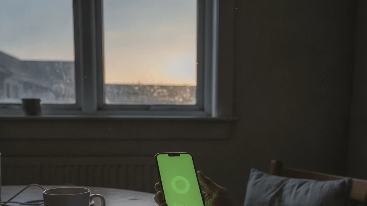 A hand holds a phone with a blurred loading screen next to a notebook and coffee mug on a table at dusk.
