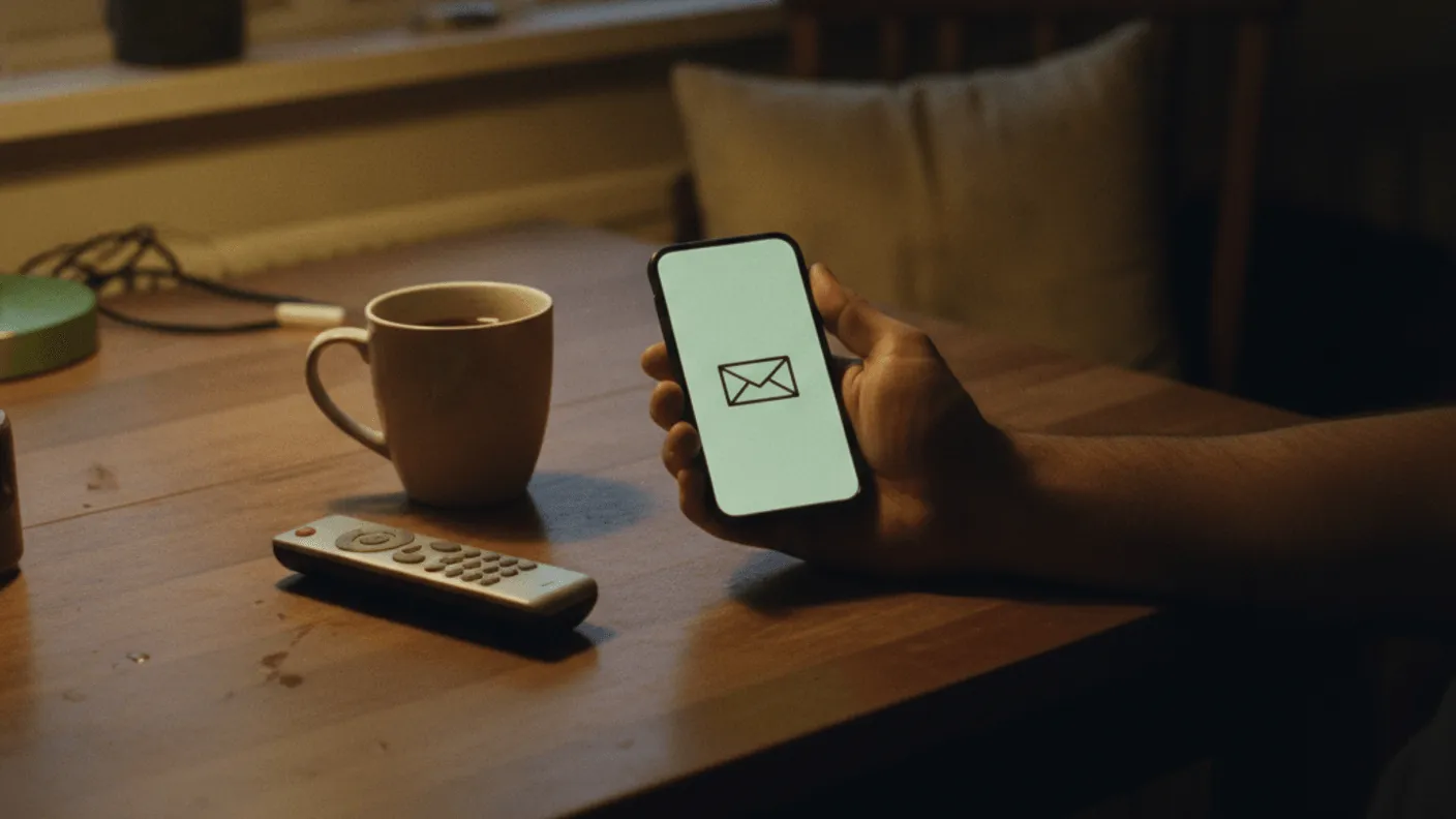 A hand holds a smartphone displaying an email notification icon over a kitchen table at dusk with a coffee mug.