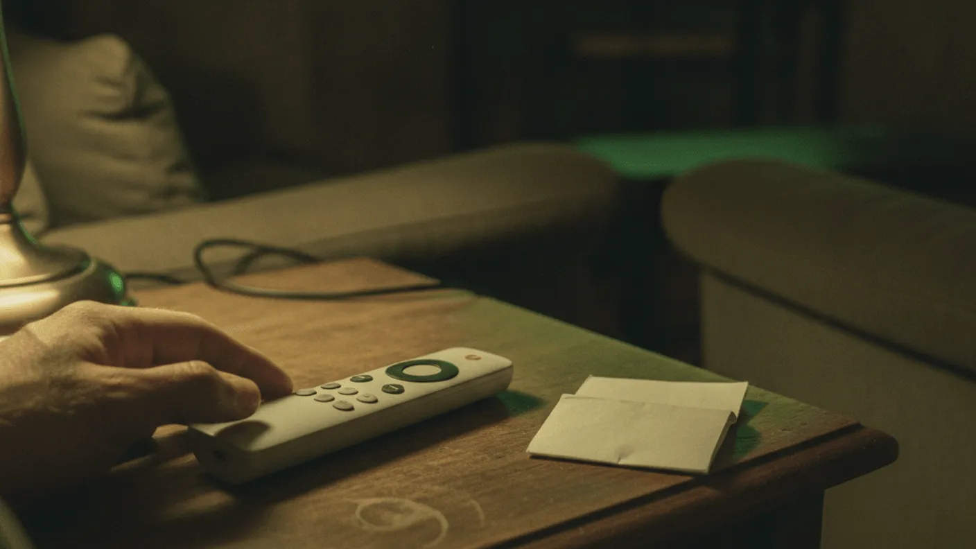A hand reaches for a remote control on a wooden side table next to a folded bill, with a glowing green TV in the background.