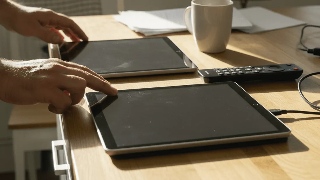 A person's hands interact with two tablets and a remote on a sunlit kitchen counter with a coffee mug and papers.