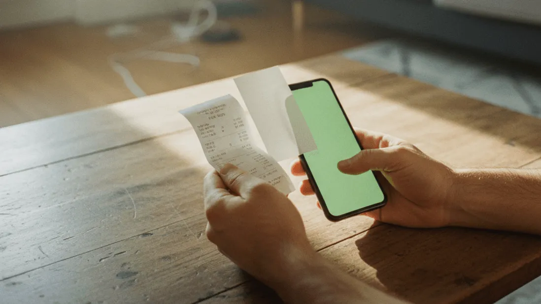 A pair of hands holds a smartphone and a receipt on a wooden table under a lime green lamp.