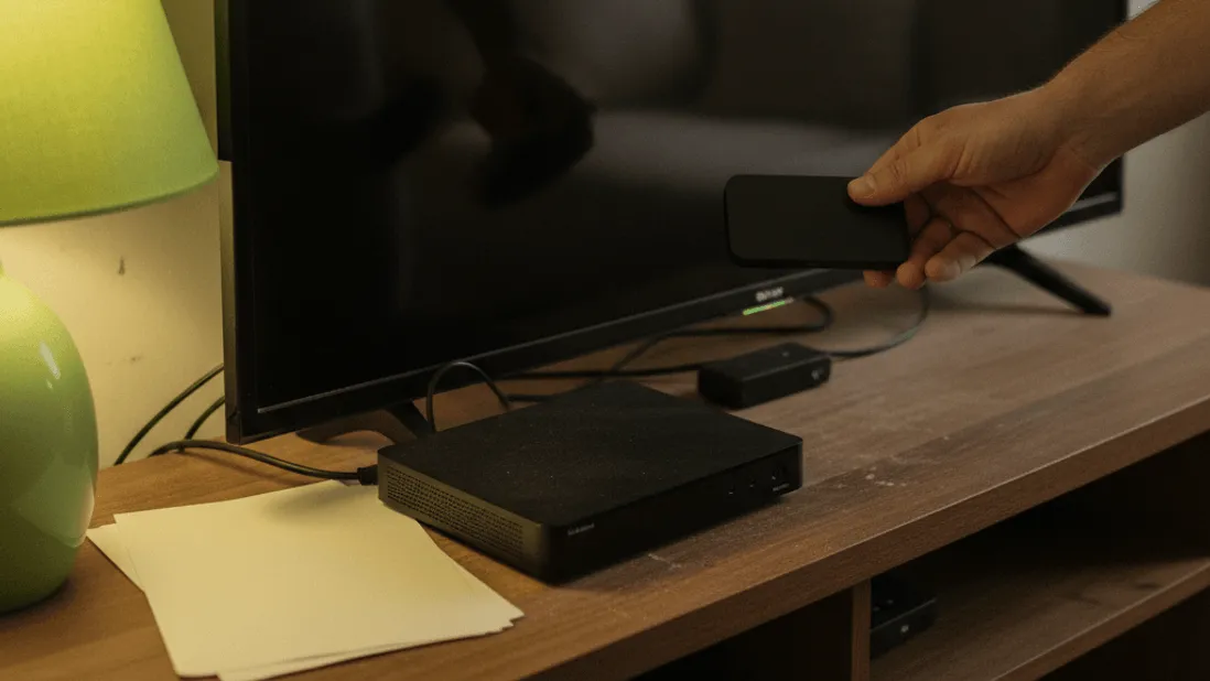 A hand holds a streaming stick near a television's rear panel, comparing it to a set-top box.