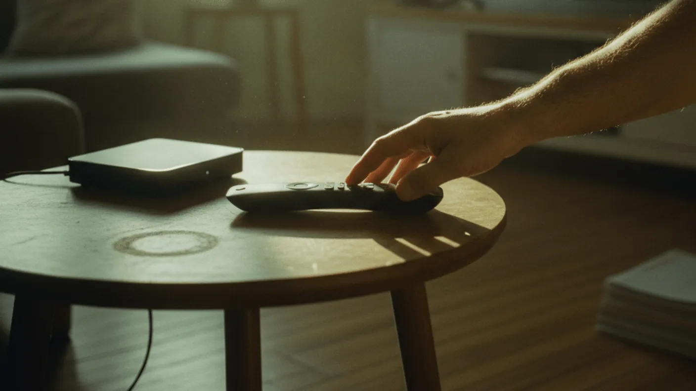 A hand reaches for a television remote control resting on a wooden side table next to a streaming box.
