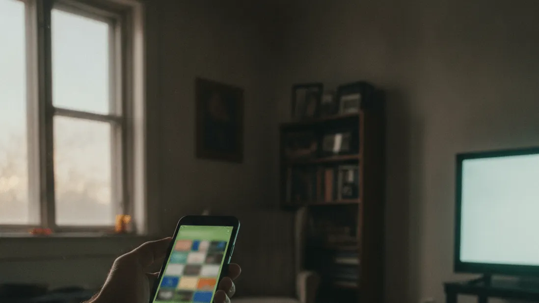 A hand holds a smartphone displaying a blurred grid of channel icons, angled toward a muted television screen.