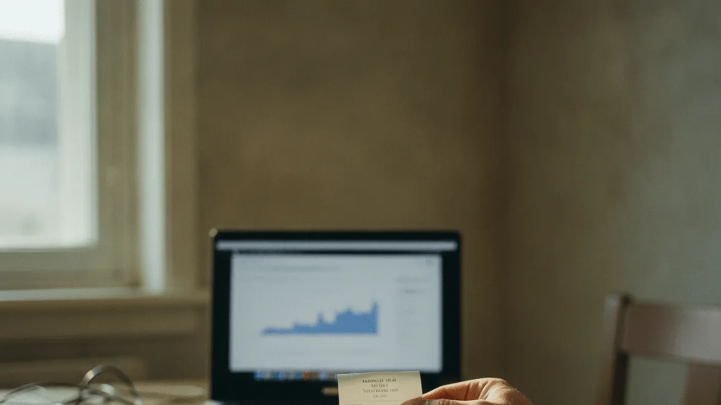 A hand holds a receipt with a laptop and a blurred pricing chart on a kitchen table.