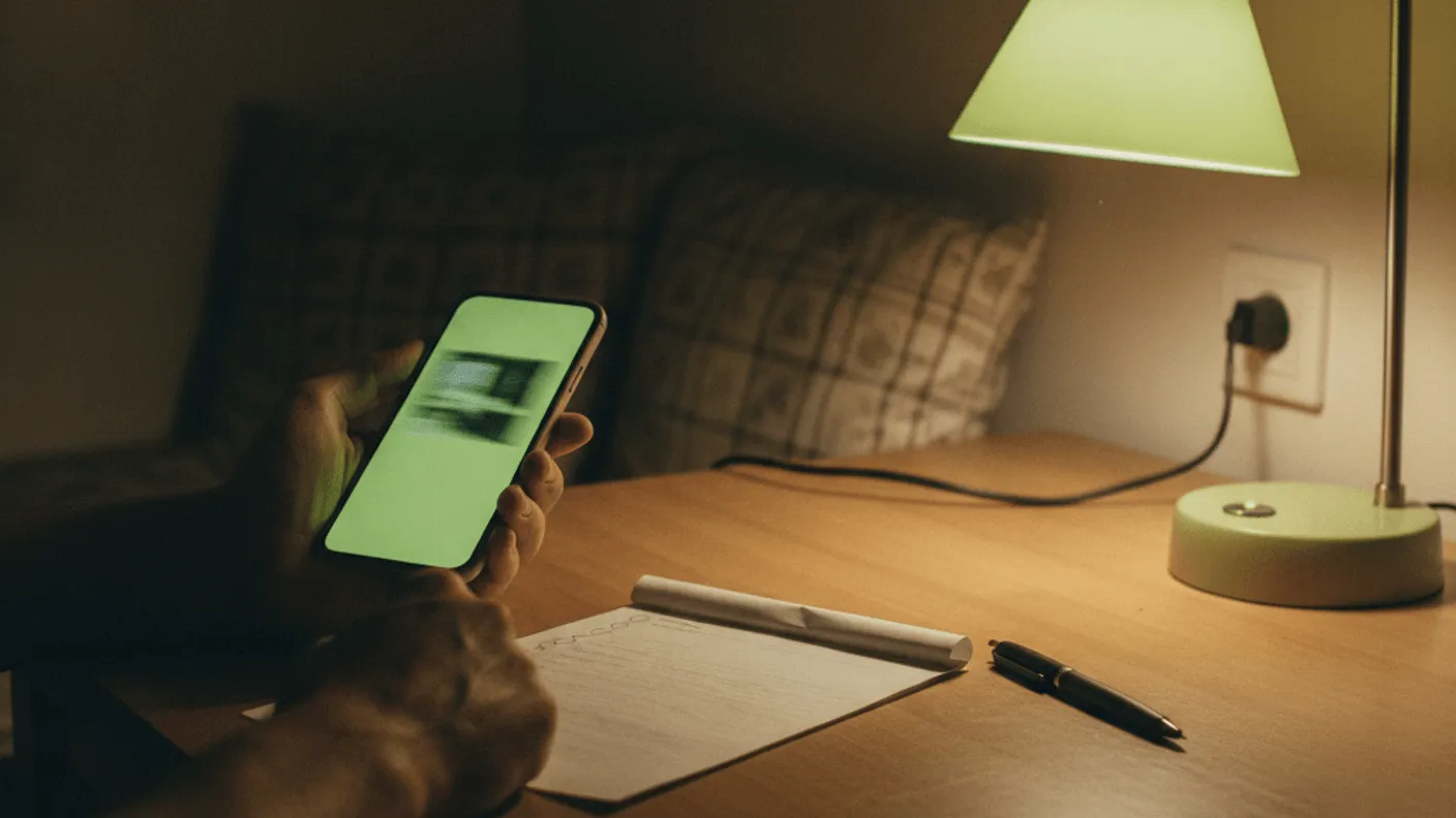 A hand holds a phone with a blurred screen, a notebook, and a pen on a table under a lime green lamp.