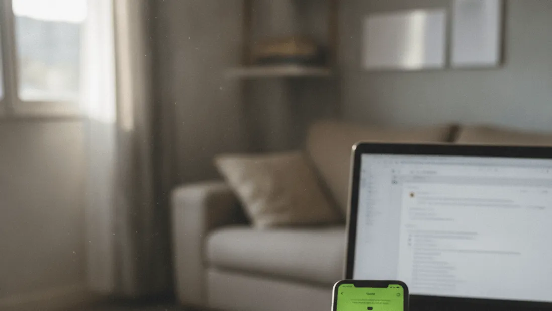 A hand presses a stopwatch app on a phone next to a laptop keyboard in a sunlit room.