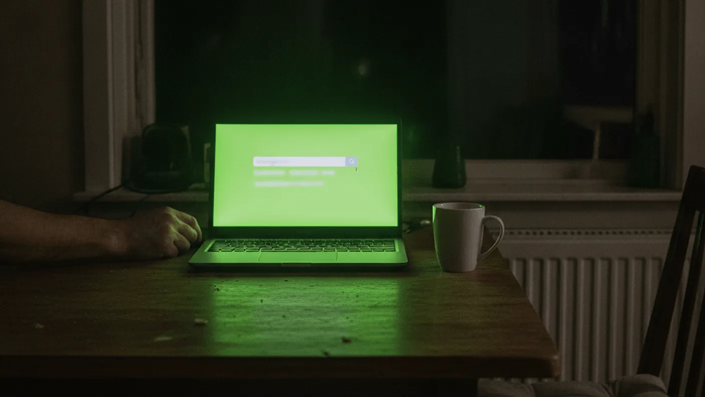 A laptop on a wooden table at night displays a search bar with a lime green glow, a mug beside it.