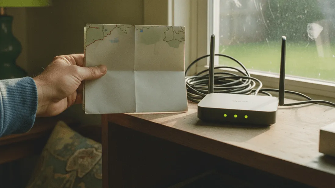 A hand holds a folded map beside a router with blinking lights on a shelf, lit by a window.