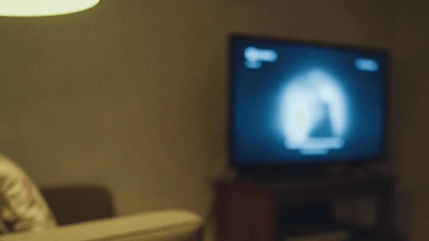 A remote control and an invoice sit on a wooden table, with a glowing television in the background.