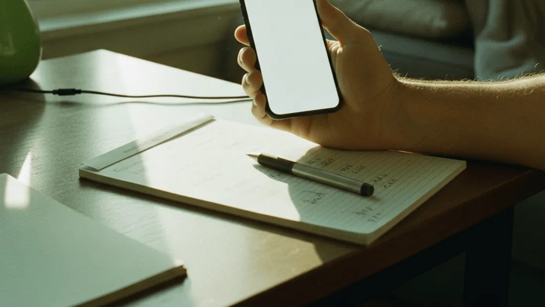 A hand holds a smartphone with a blank screen near a window, with a notepad on the desk.