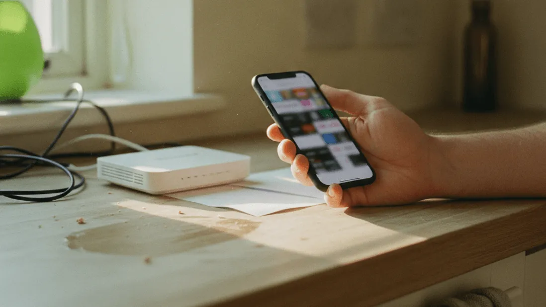 A hand holding a smartphone with a blurred screen rests on a kitchen counter next to a router.