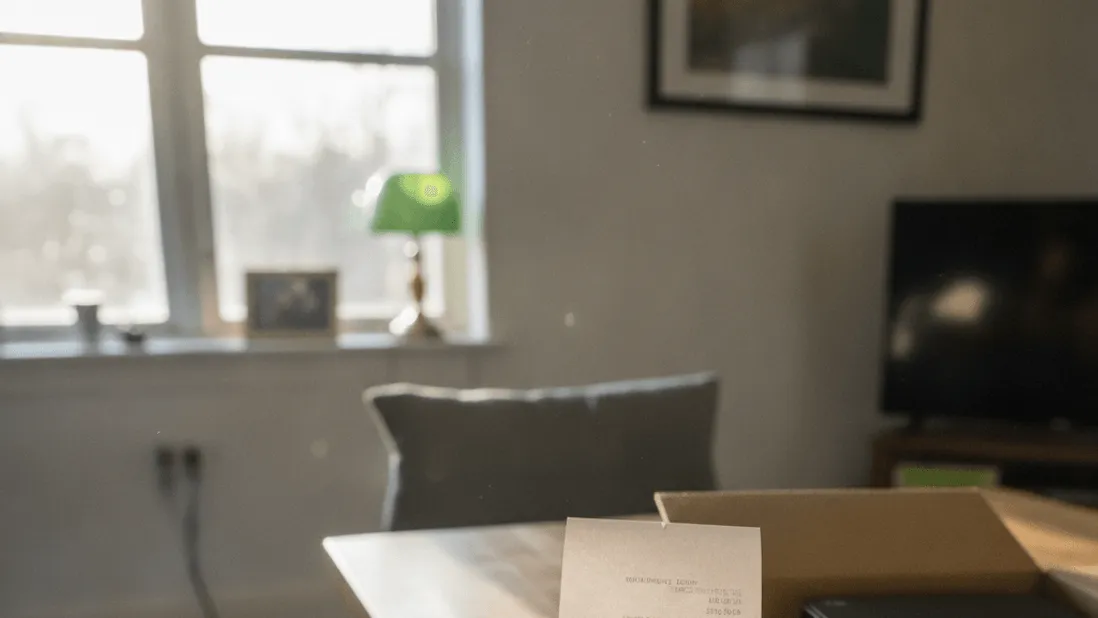 A hand holding a folded receipt over a kitchen table beside a small Android set-top box in its open cardboard packaging.