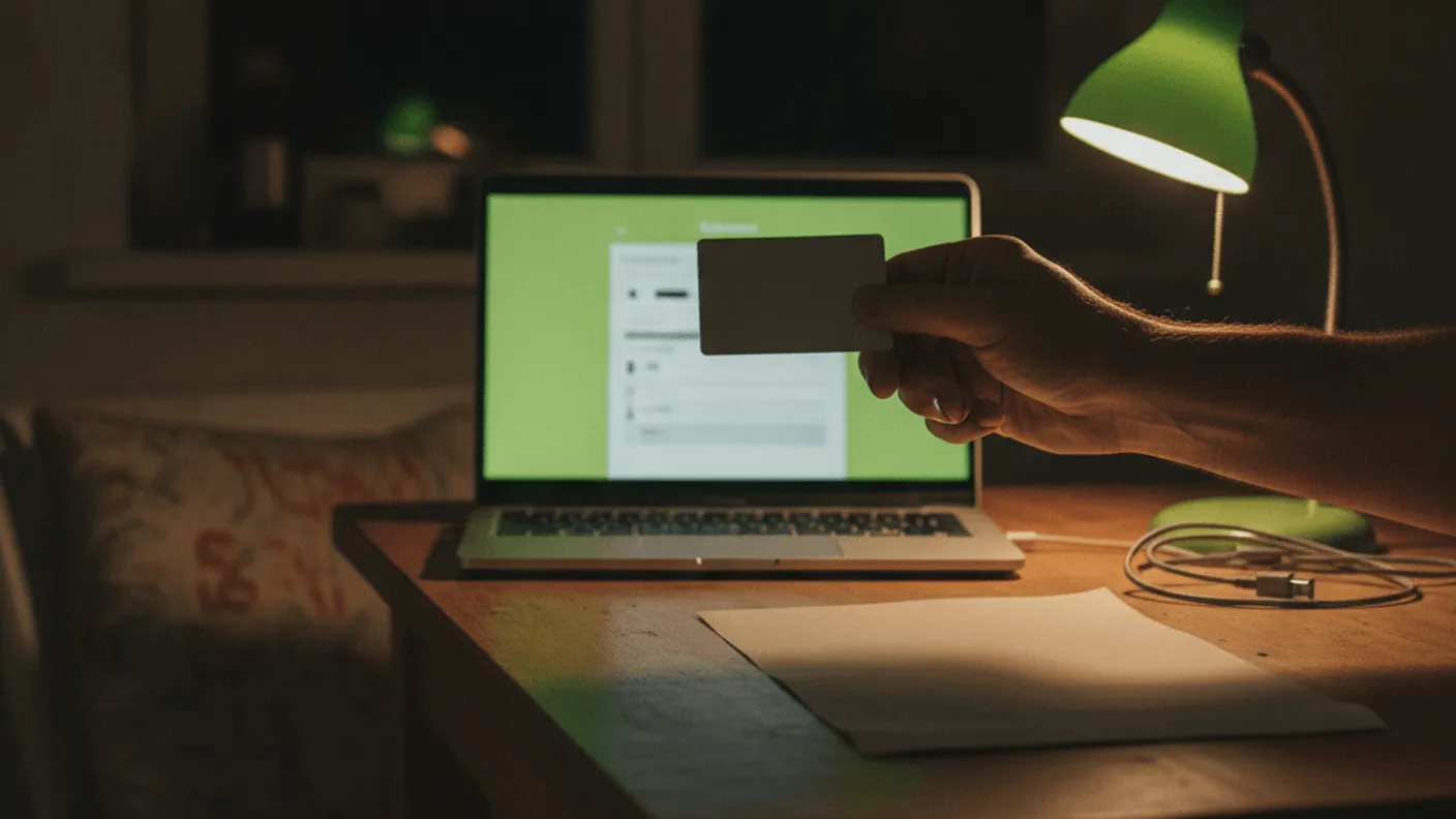 A hand holds a payment card over a laptop at a kitchen table at night with a lime-green desk lamp.