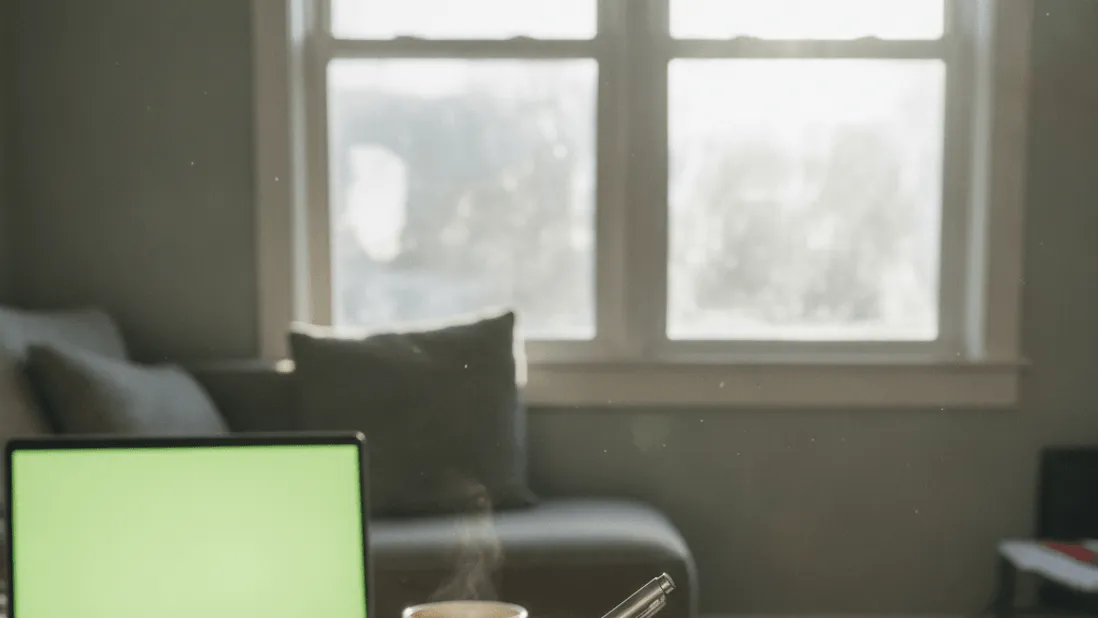 A hand points a pen at a checklist on a clipboard with a laptop and coffee mug blurred in the background.