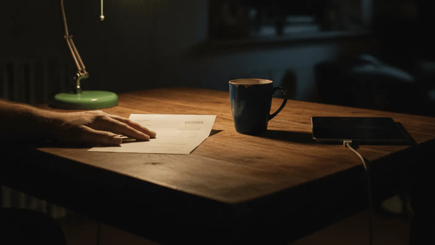 A person's hand rests on a document next to a coffee mug and a tablet, illuminated by a green lamp.