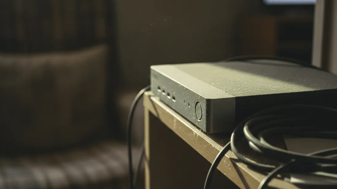 A dusty set-top box sits on a wooden shelf next to a coiled cable, bathed in soft, natural light.