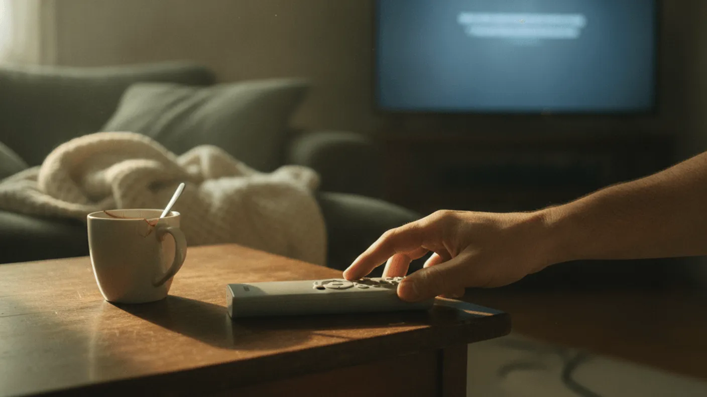 A hand reaches for a remote control resting on a wooden table next to a coffee mug, with a glowing TV in the background.