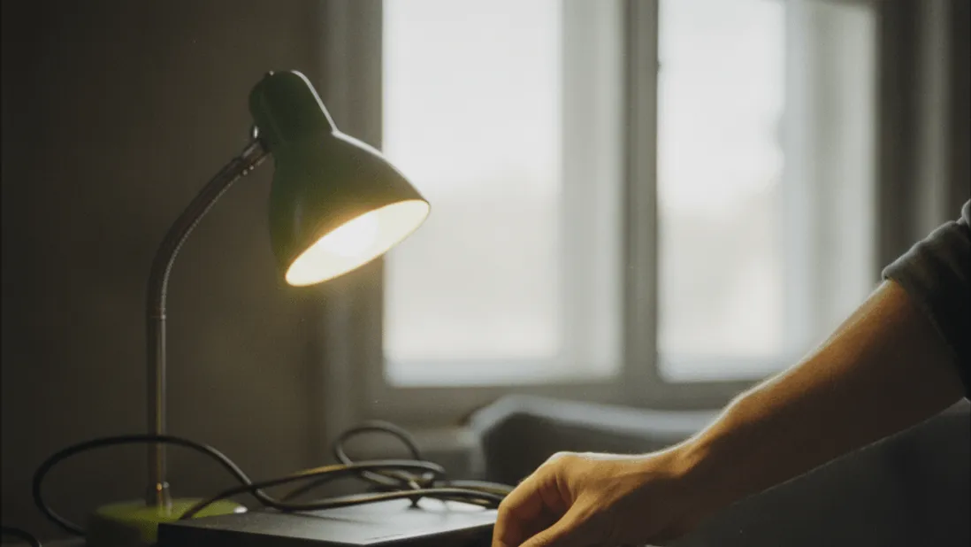 A hand adjusts an HDMI cable connected to a set-top box on a shelf in a dimly lit room with a green desk lamp.