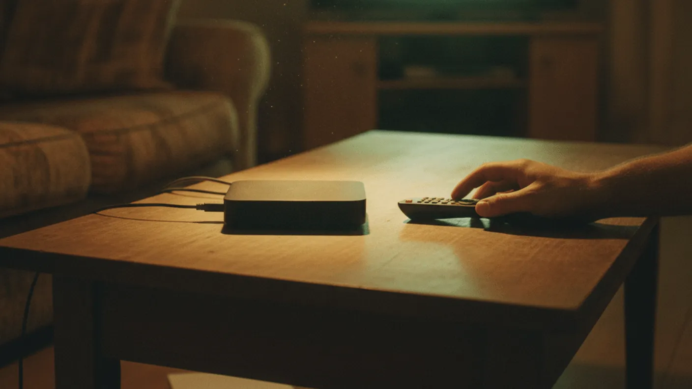 A male hand holds a remote control near a streaming box on a coffee table in a dimly lit living room.