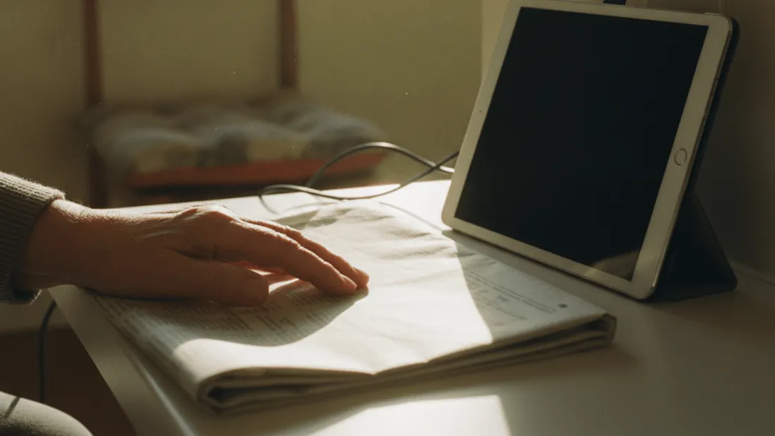 A tablet charges against a kitchen wall with an older hand resting on a newspaper in morning light.