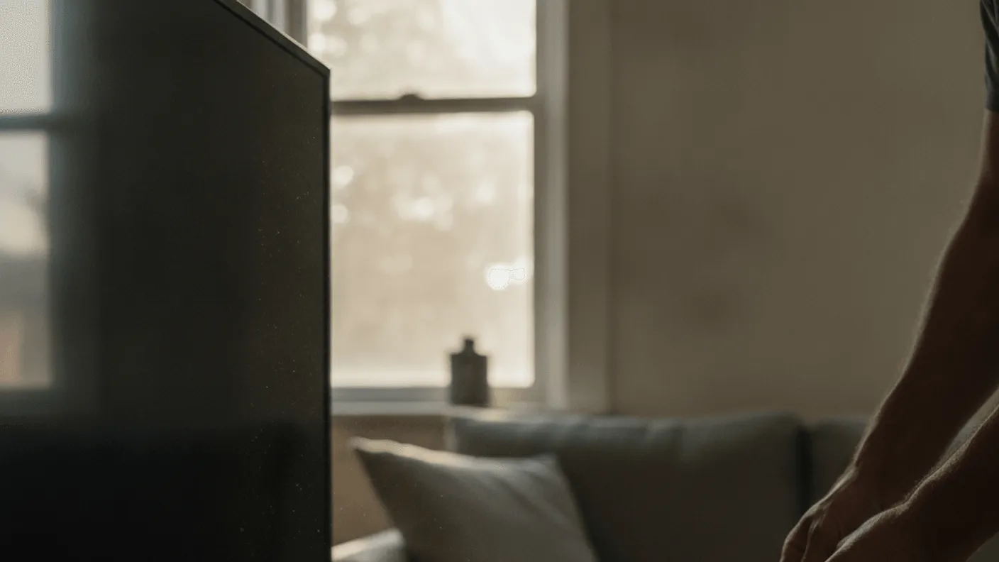 A person's hands connect a cable to a device in the back of a television, with evening light catching dust.