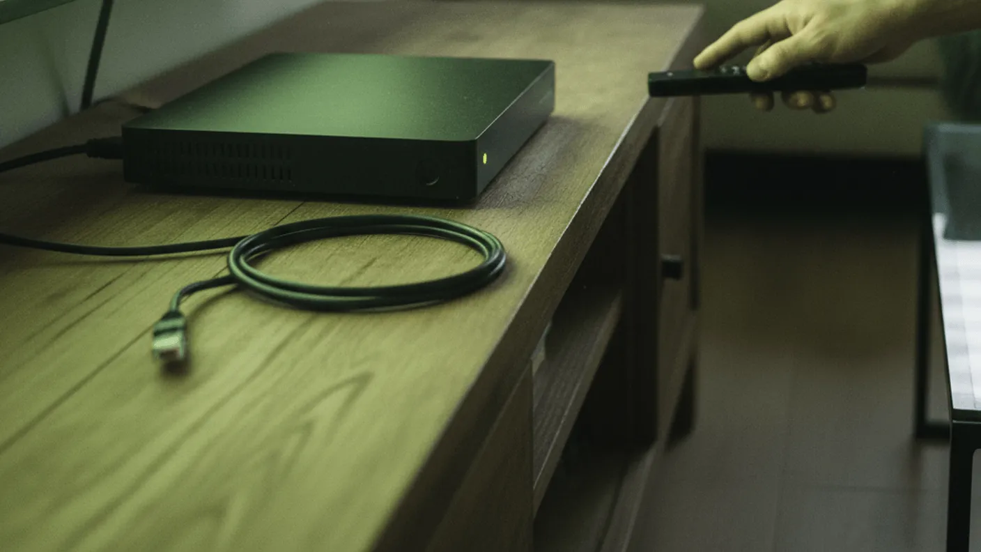 A person's hand holds a remote control near a set-top box, television, and coiled ethernet cable on a wooden media shelf.